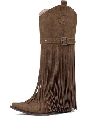 Women's Light Brown Pointed Toe Pull On Block Chunky Heel Embroider Cowgirl Boot